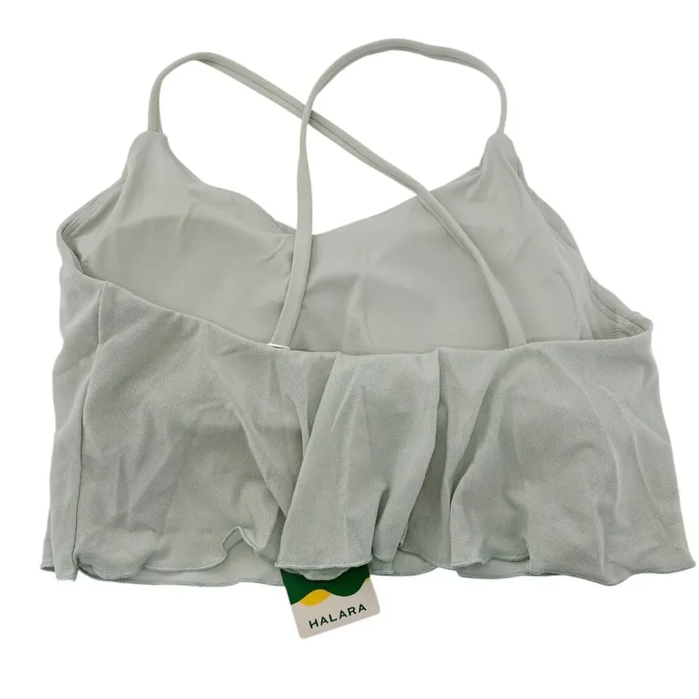 HALARA Sports Bra Size M NEW Mint Green Mesh Ruffle Criss Cross Back